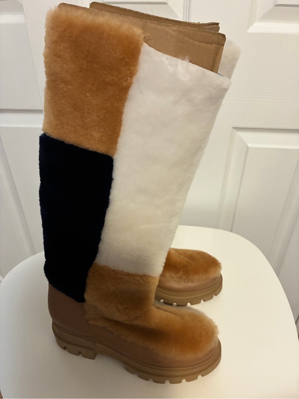 Free People Colorblock Fur Tall Platform Booties in White, Tan, Black